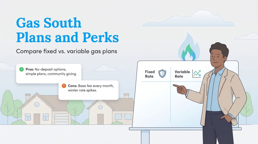 Illustration comparing fixed vs variable gas plans, with pros and cons for Gas South listed.