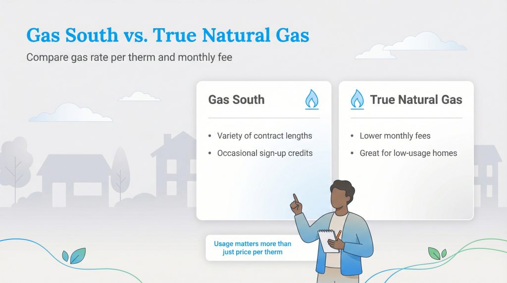 Infographic comparing features of Gas South and True Natural Gas, with a person pointing to comparison points.