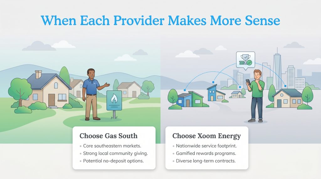Comparison infographic showing benefits of Gas South and Xoom Energy with illustrations.