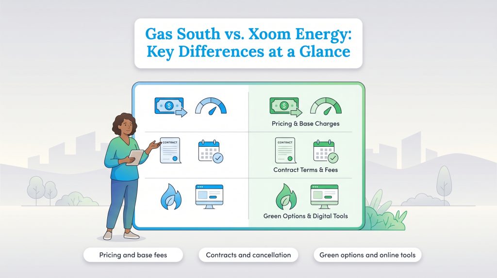 Infographic comparing Gas South and Xoom Energy on pricing, contracts, and green options with icons.