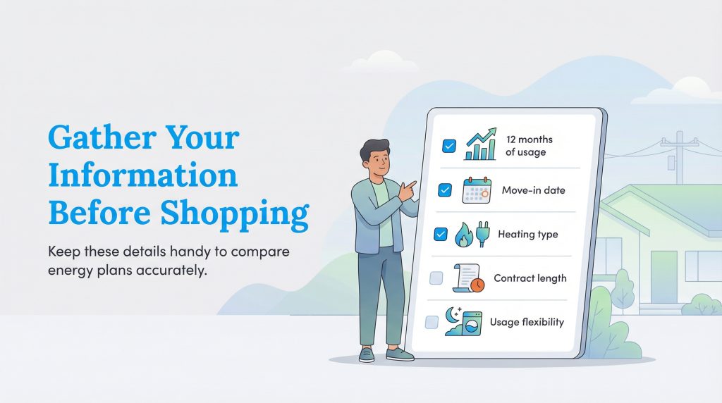 Man points to a tablet checklist with items like 12 months of usage, move-in date, and heating type.