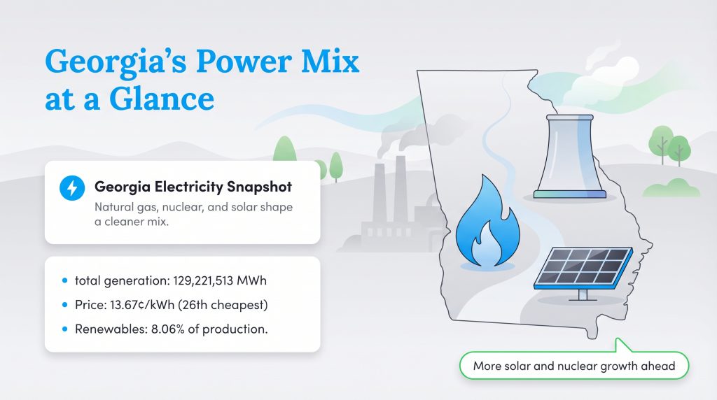 Infographic map of Georgia showing natural gas, nuclear, and solar power sources with production data.