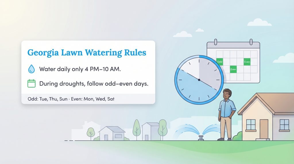 Georgia watering rules infographic: Water daily 4 PM–10 AM; follow odd-even days during droughts.