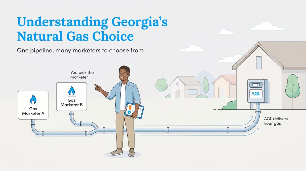 Illustration shows a person choosing between gas marketers while a single pipeline from AGL delivers gas to their home.