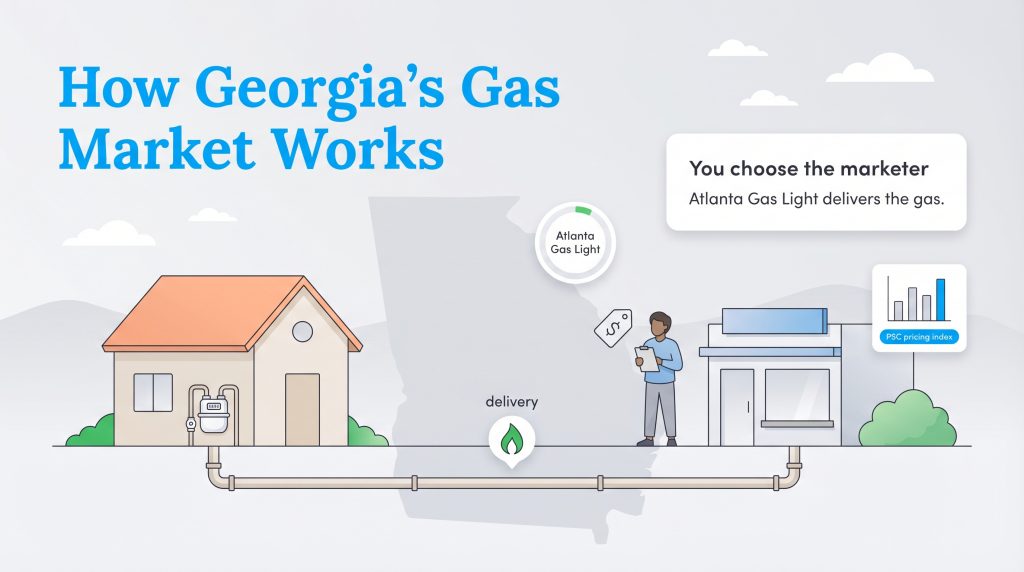 Infographic showing that in Georgia, you choose the gas marketer, but Atlanta Gas Light delivers it.