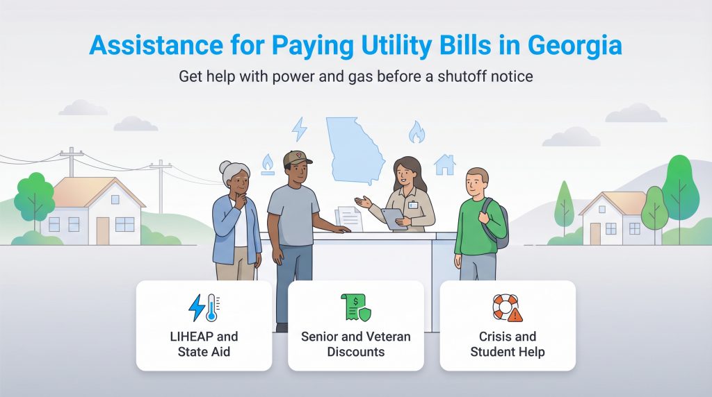 Infographic depicting Georgia residents seeking utility assistance via state aid, discounts, and crisis help.
