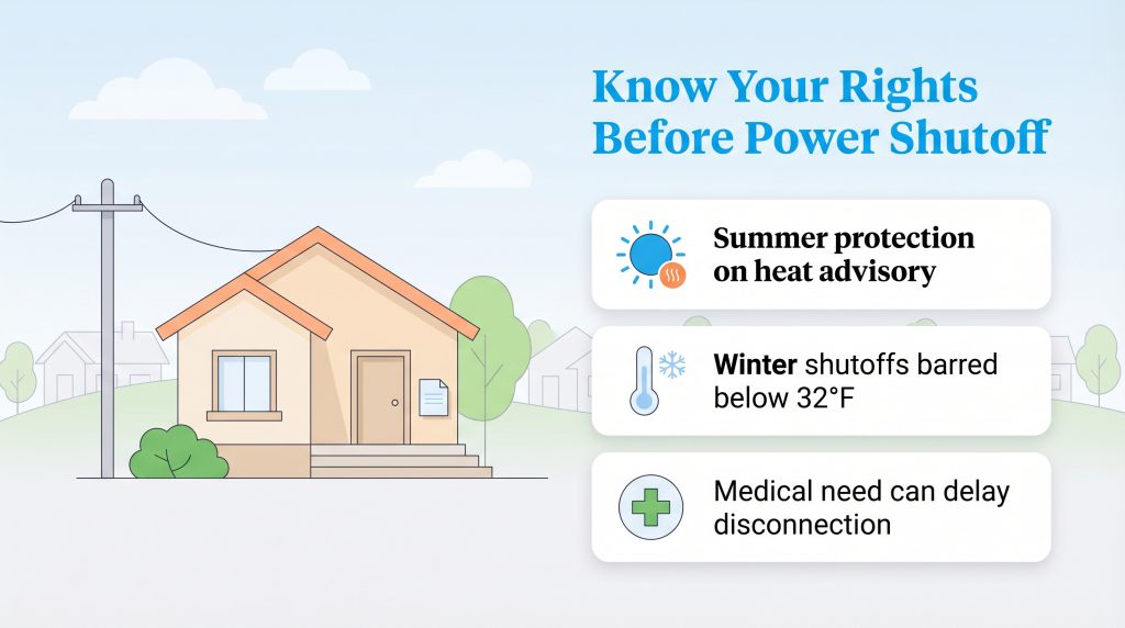 Georgia power shutoff protections: Summer heat advisory, winter below 32°F, and medical delay options.