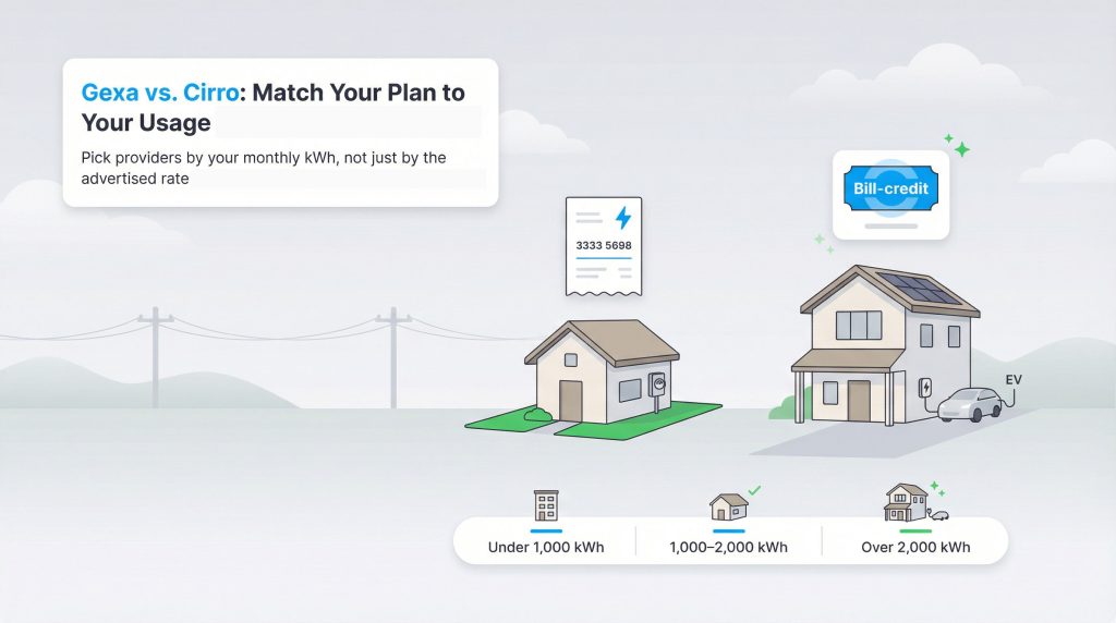 Infographic comparing Gexa vs. Cirro energy plans based on monthly kWh usage levels for homes.