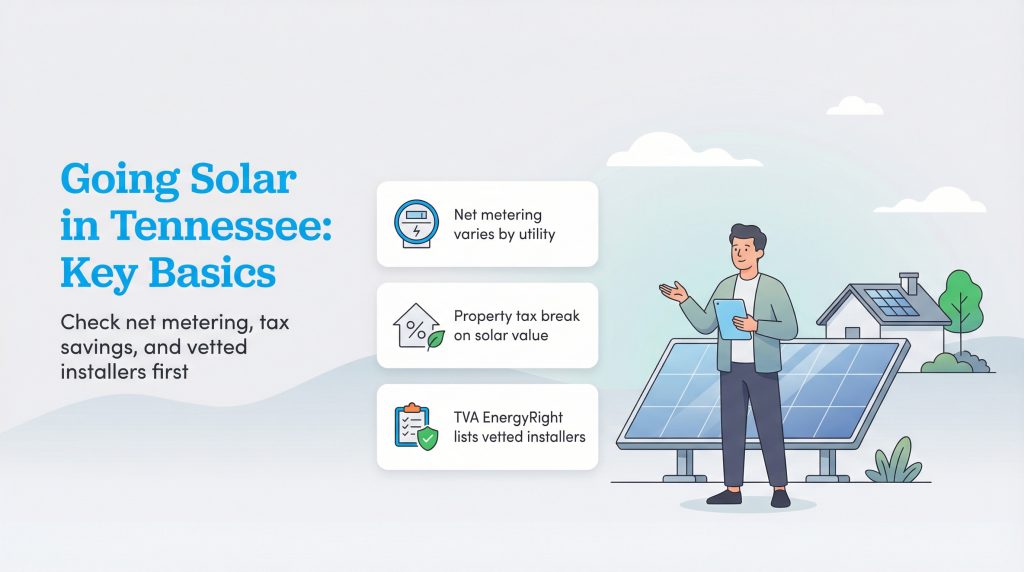 Man by solar panels with points on Tennessee solar basics: net metering, tax breaks, and installers.