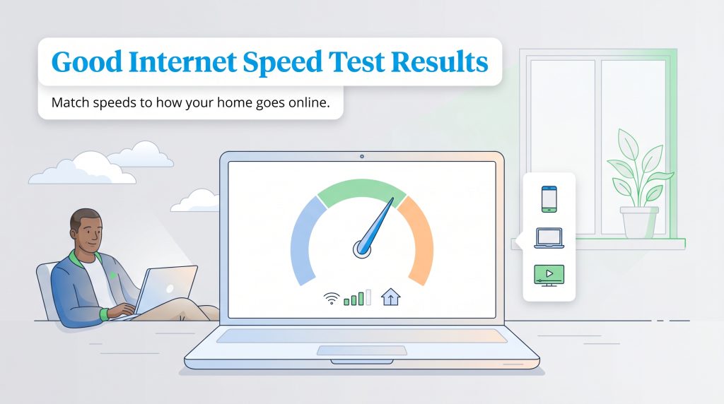 Illustration of a man with a laptop showing an internet speed test speedometer.