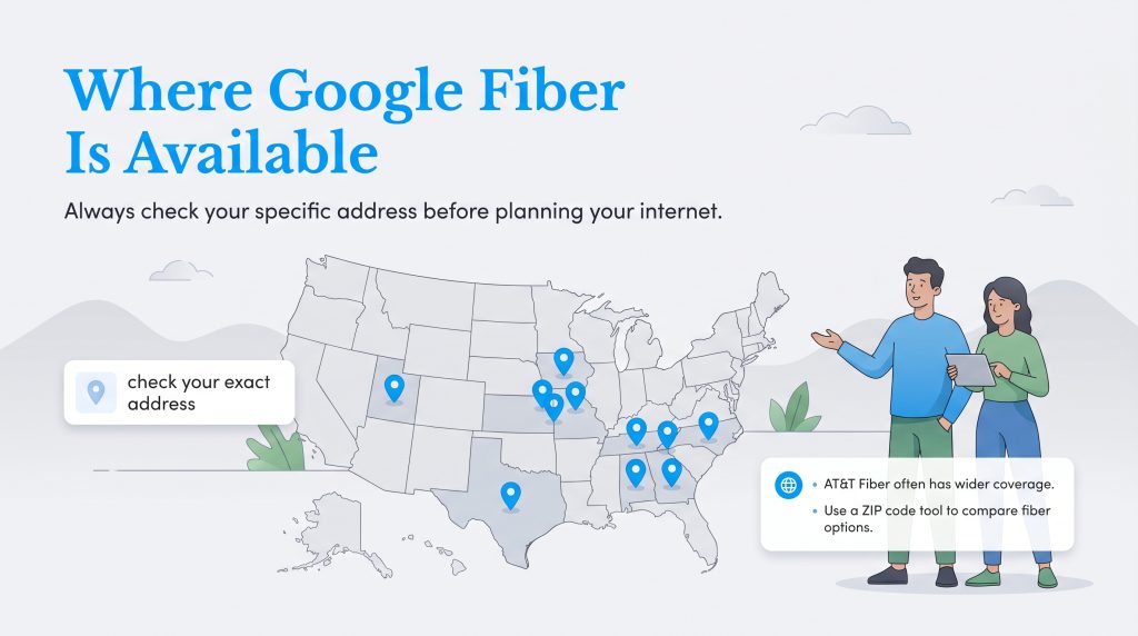 US map showing Google Fiber markers in select cities and advising to check specific addresses.