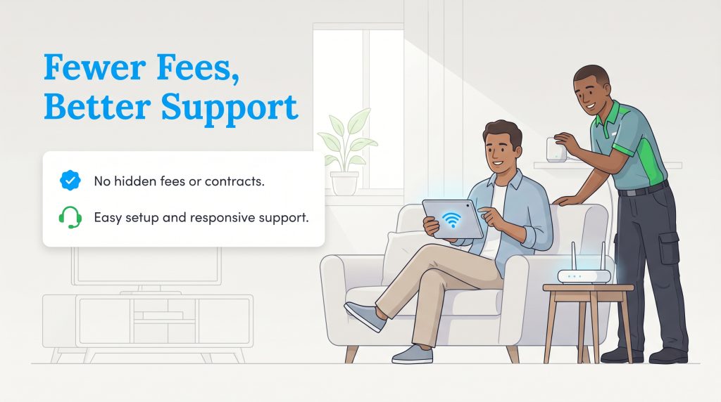 Technician helping customer set up internet, with text highlighting no hidden fees or contracts.