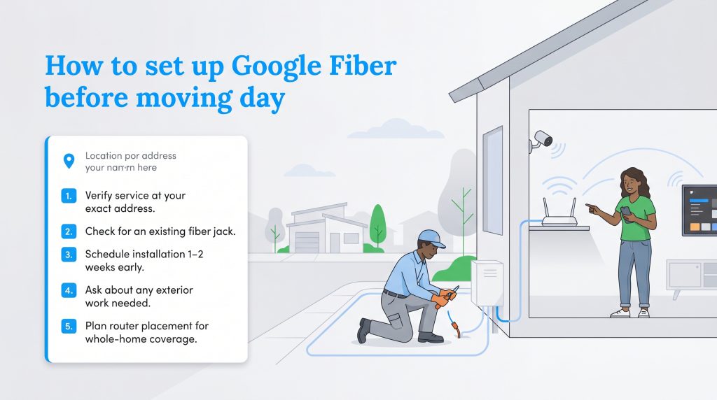 Infographic listing five steps to set up Google Fiber before moving, with a technician and resident.