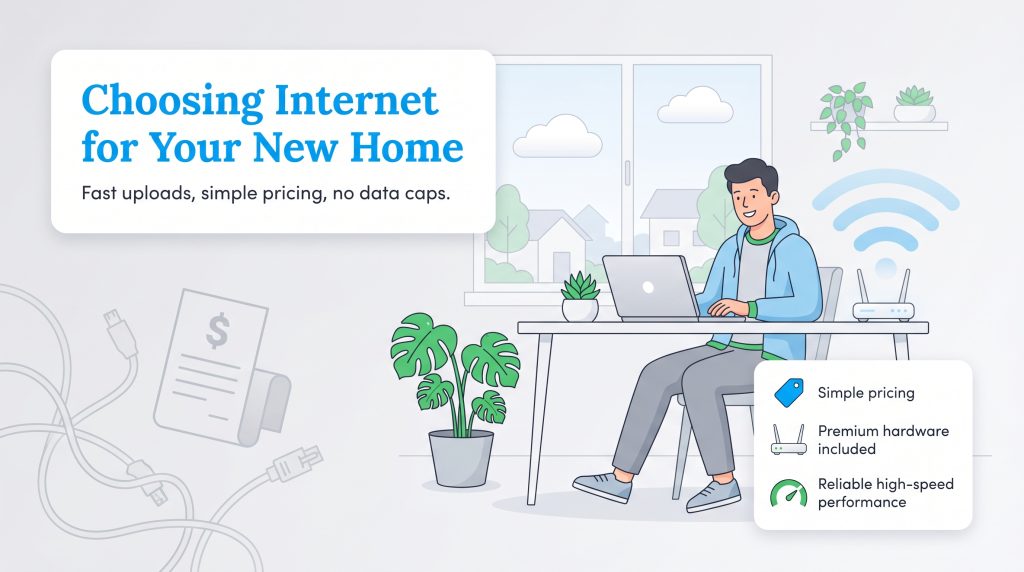 Illustration shows a man on a laptop with points about simple pricing, premium hardware, and reliable internet speed.