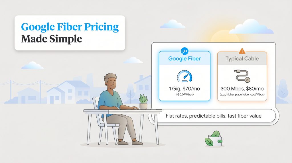 An illustration compares Google Fiber's 1 Gig $70 plan with a typical 300 Mbps $80 cable plan.