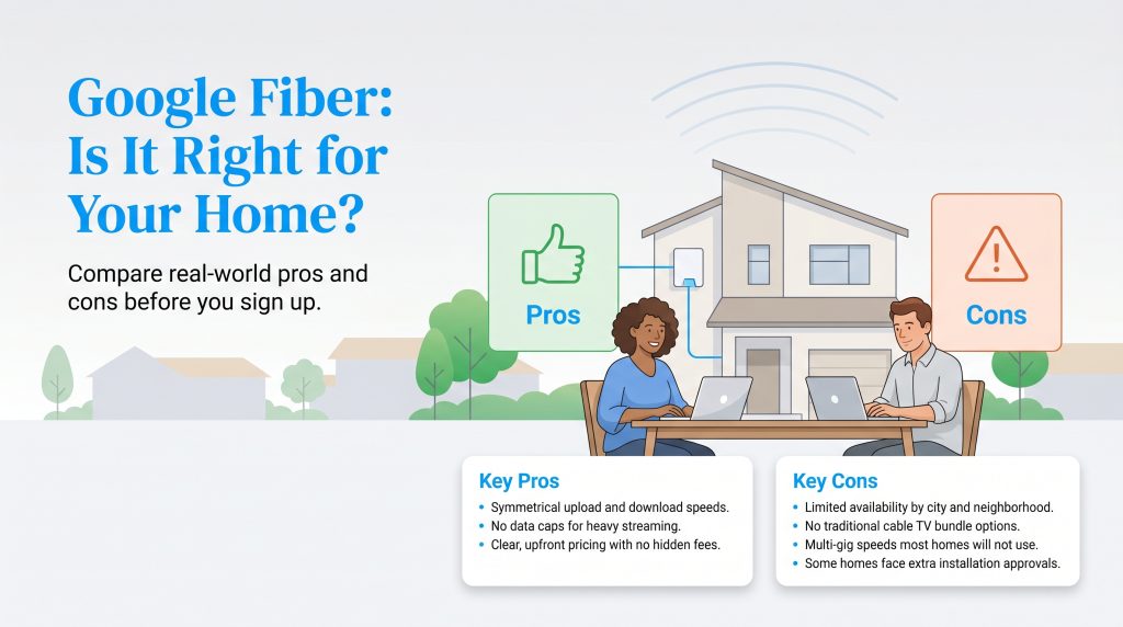 Infographic listing key pros and cons of Google Fiber for home internet.