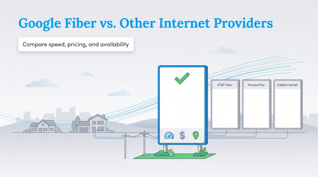Illustration comparing Google Fiber against AT&T Fiber, Verizon Fios, and Cable Internet billboards.
