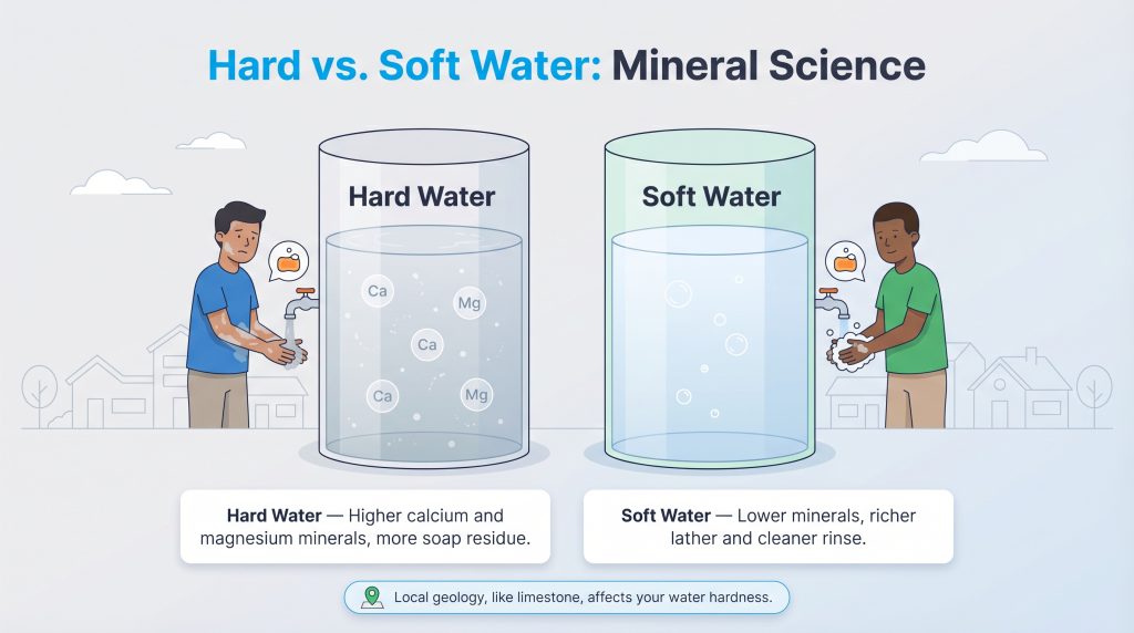 Illustration showing hard water with Ca and Mg minerals versus soft water with rich soap lather.