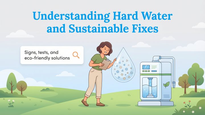 Woman examines mineral-filled water droplet next to an eco-friendly water filter system.