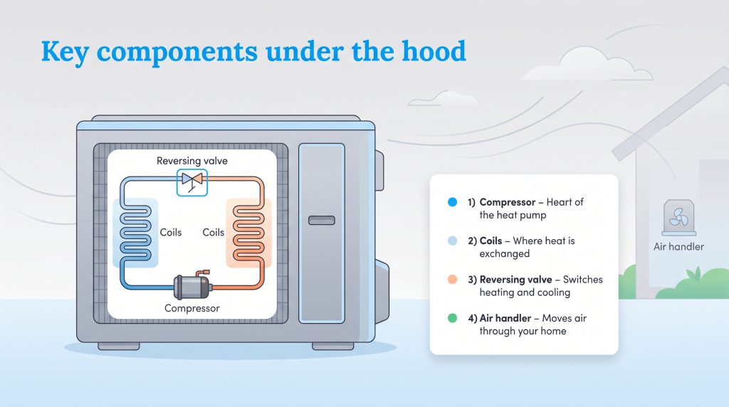 Illustration of key heat pump components: compressor, coils, reversing valve, and air handler.