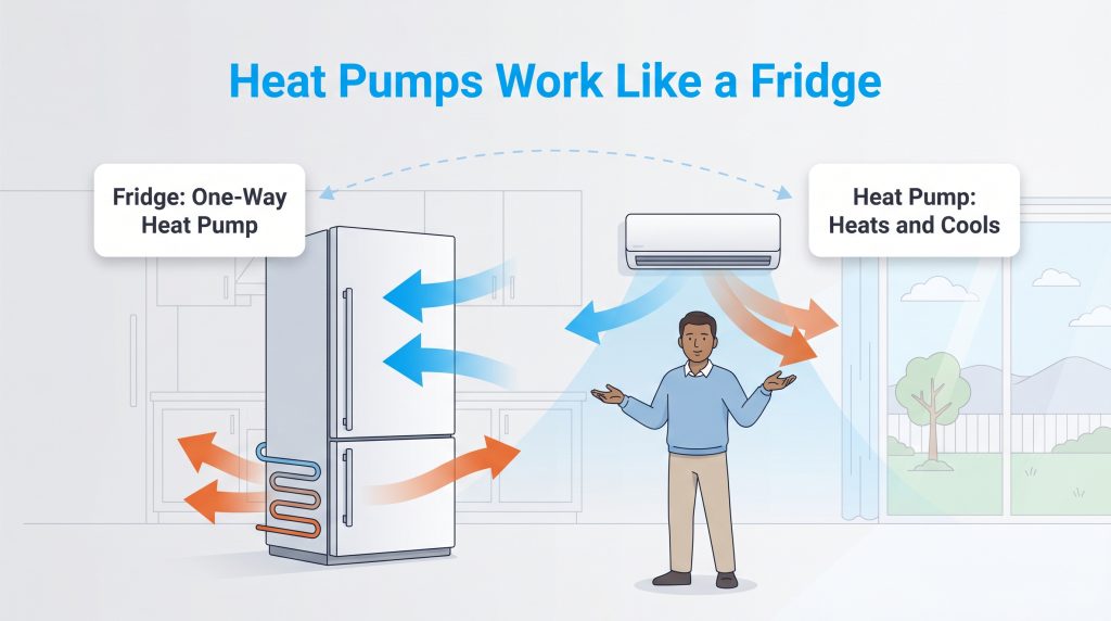Illustration comparing a one-way refrigerator heat pump to a reversible heating and cooling heat pump.