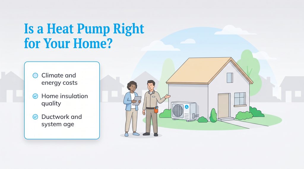 Technician and homeowner discuss heat pump suitability; checklist mentions climate, insulation, and ductwork.