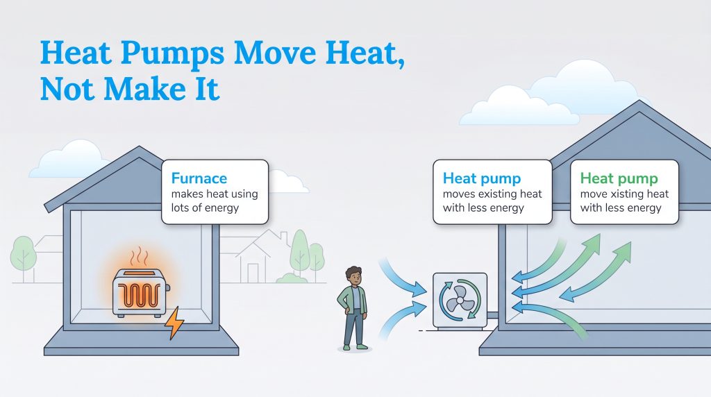 A comparison diagram showing a furnace creating heat versus a heat pump moving existing heat.