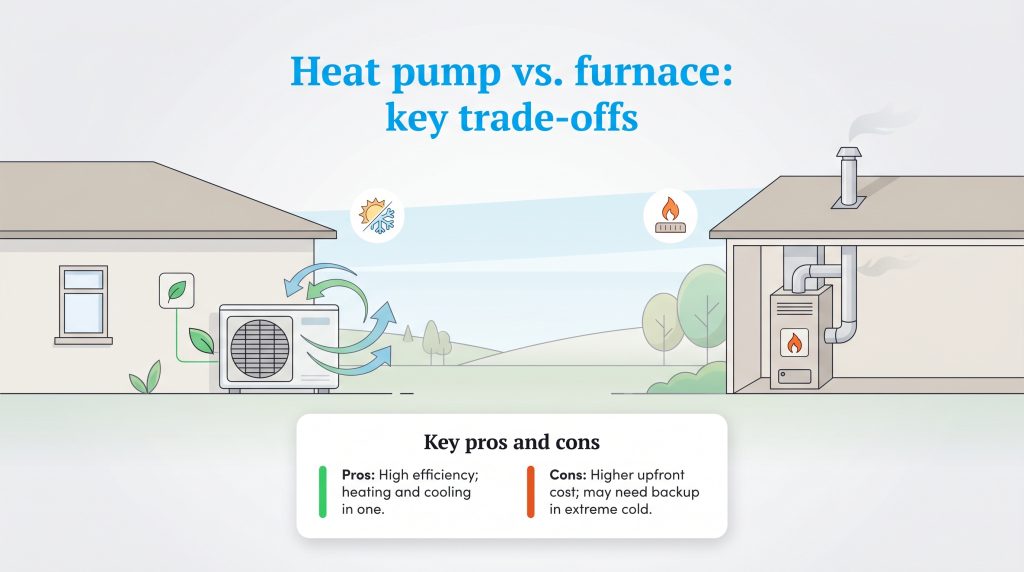 Illustration comparing an outdoor heat pump unit and an indoor furnace, with a list of key pros and cons.