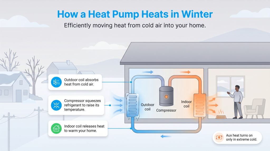 Infographic showing how a heat pump extracts heat from cold outside air to warm a home.