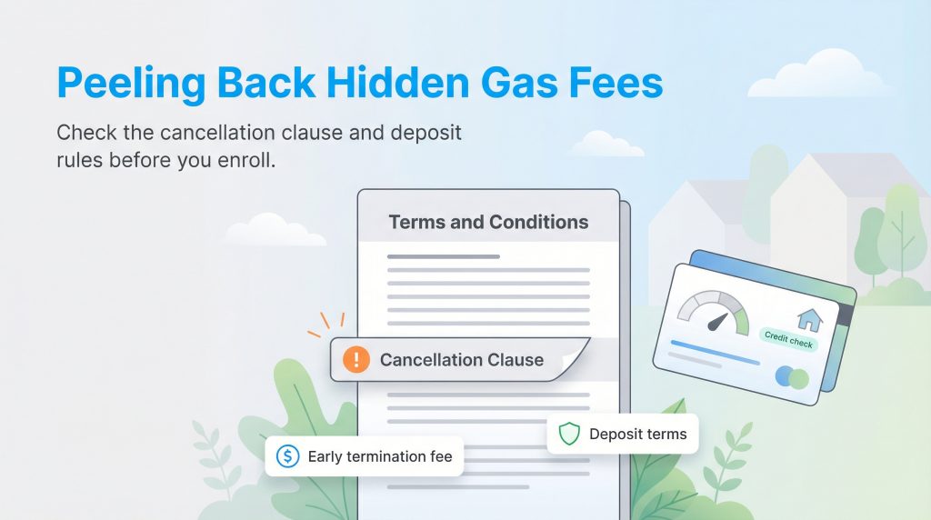 Illustration shows a contract document highlighting cancellation clauses, fees, and deposit terms.