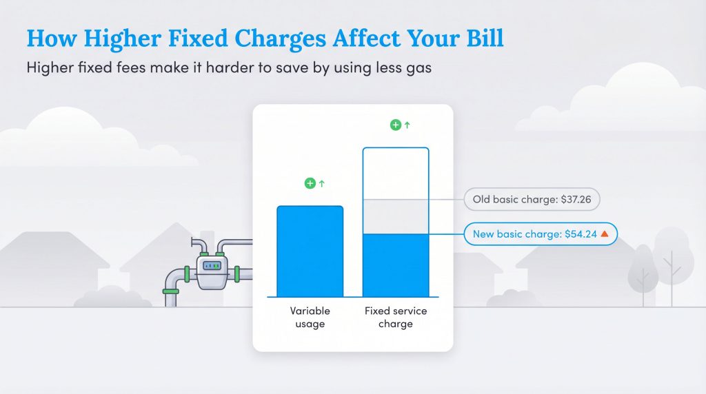 Bar chart illustrating an increase in the fixed gas service charge from $37.26 to $54.24.