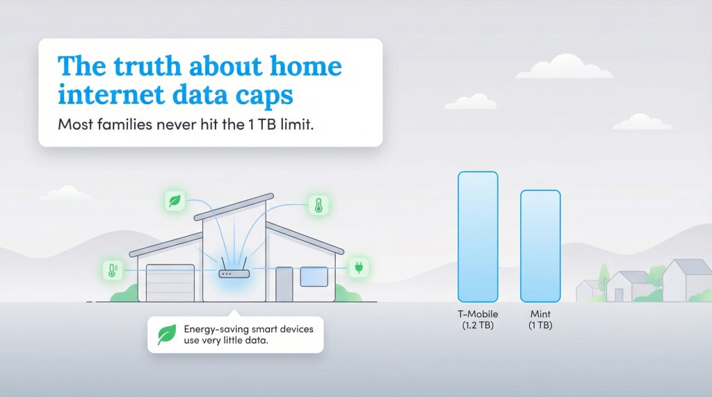 Infographic comparing T-Mobile (1.2 TB) and Mint (1 TB) home internet data caps and typical usage.