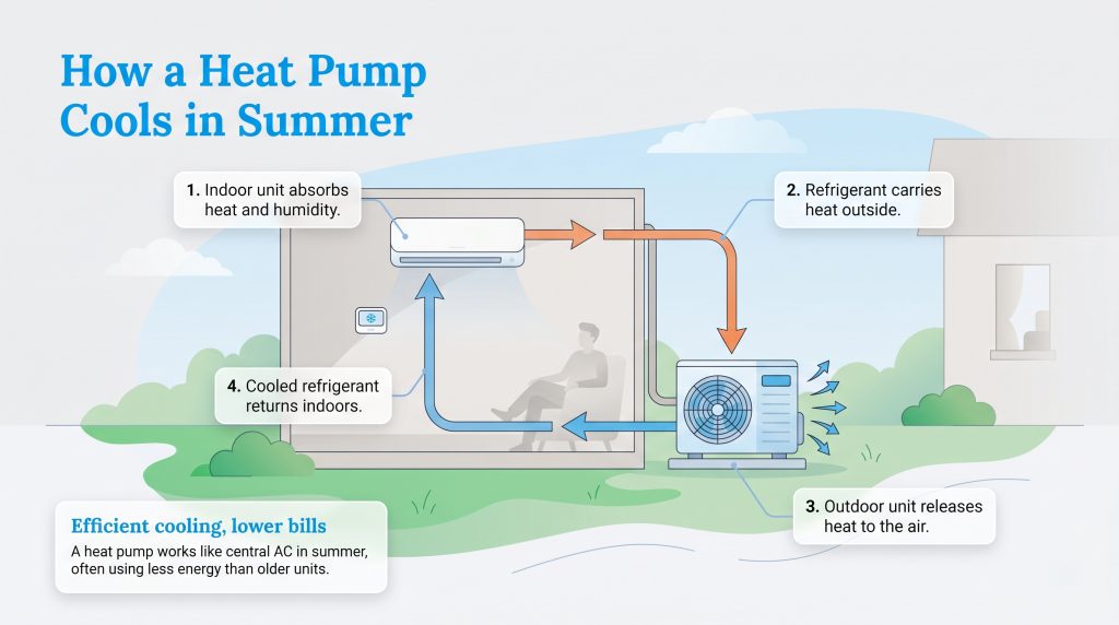 Infographic showing a heat pump cooling a home in summer by transferring indoor heat outdoors in four steps.