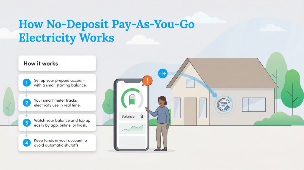 Infographic showing four steps: set up account, smart meter tracks usage, top up balance, avoid shutoffs.