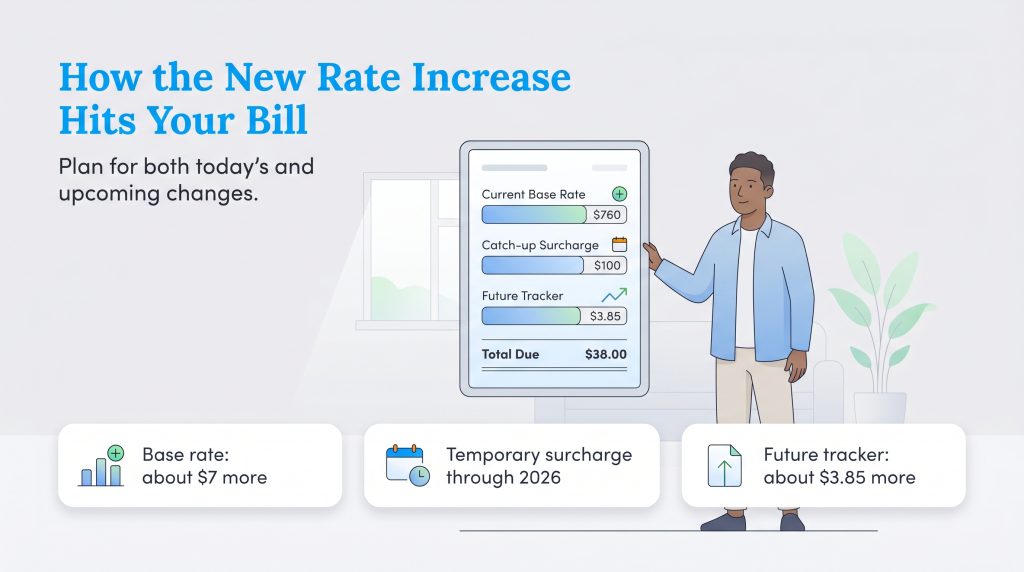 An illustration shows a man pointing to a tablet displaying a breakdown of a utility bill with three line items: Current Base Rate, Catch-up Surcharge, and Future Tracker.