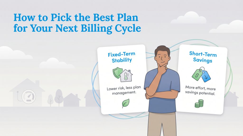 Person choosing between two cards for energy plans: Fixed-Term Stability and Short-Term Savings.