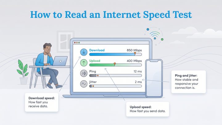 Illustration of a laptop displaying internet speed test metrics with explanations for download, upload, ping, and jitter.