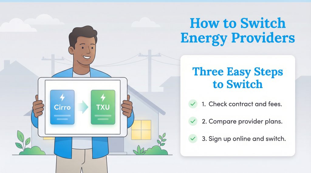Man holds tablet showing Cirro to TXU switch, with a three-step guide to switching providers.