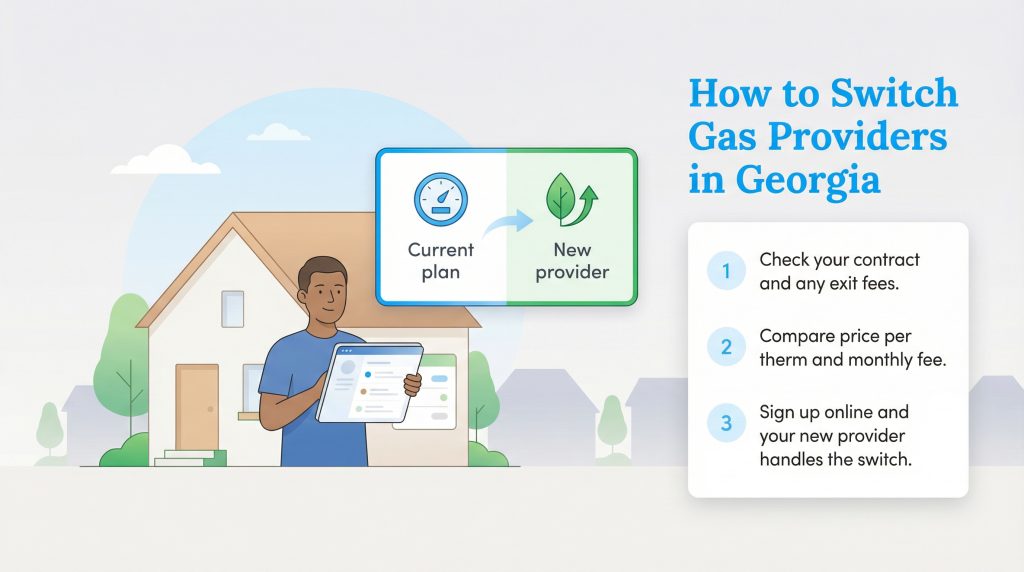 An infographic showing a man on a tablet and three steps to switch gas providers in Georgia.