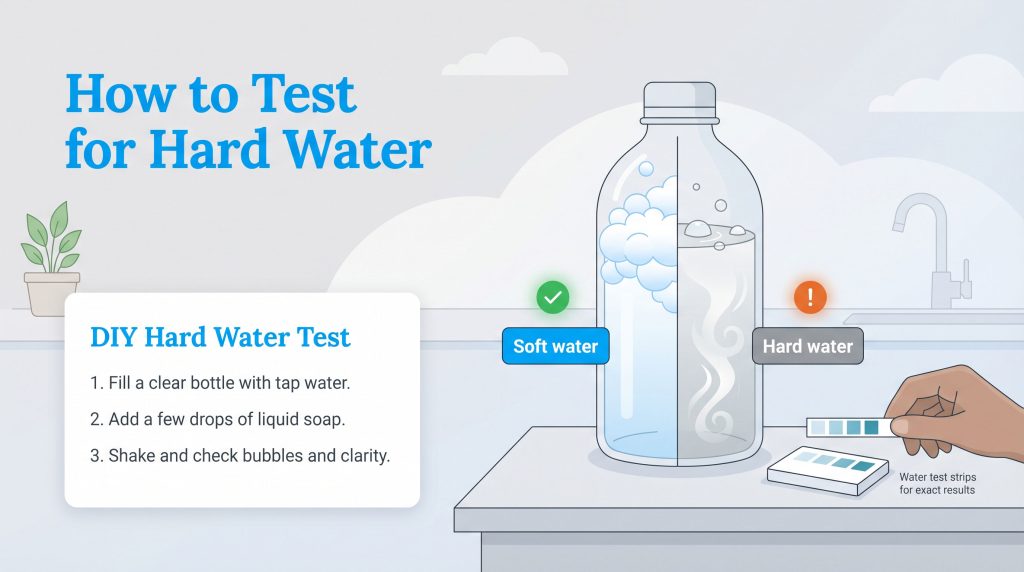 Illustration contrasting bubbly soft water and cloudy hard water in a bottle during a DIY soap test.