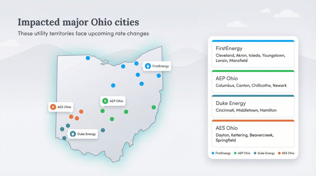 Map of Ohio showing cities affected by utility rate changes from FirstEnergy, AEP Ohio, Duke Energy, and AES Ohio, with a corresponding list of cities.
