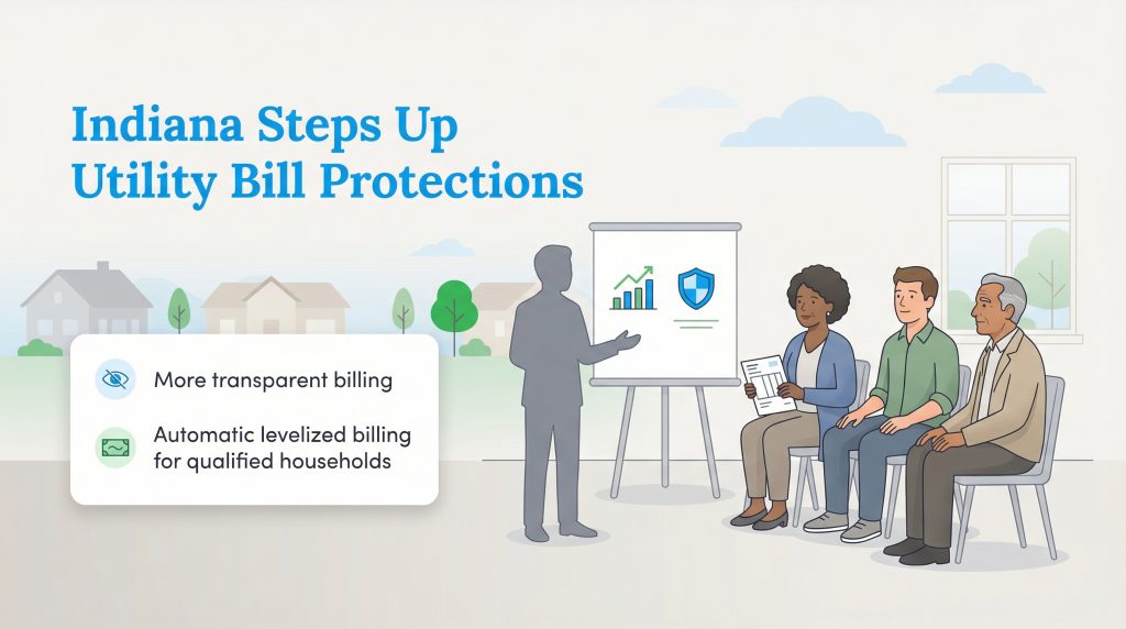 An illustration shows a presentation to three people about Indiana's new utility bill protections, including transparent billing and levelized billing.