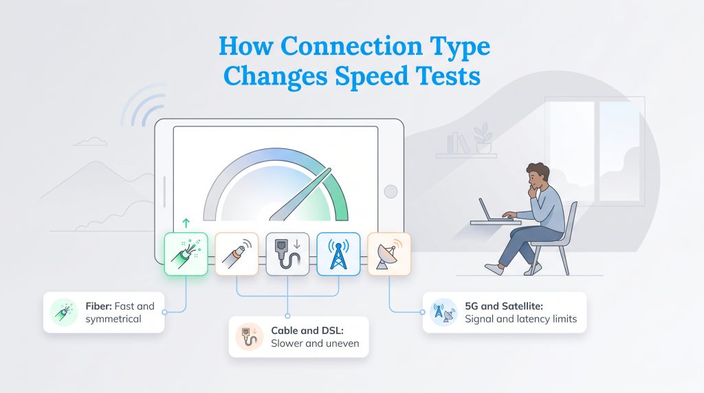 Infographic illustrating how fiber, cable, DSL, 5G, and satellite connections affect internet speed.