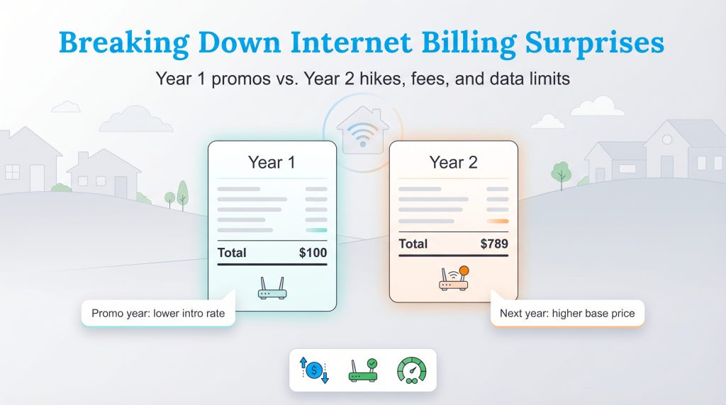 Infographic comparing a low Year 1 internet bill ($100) with a high Year 2 bill ($789) due to promo expiration.