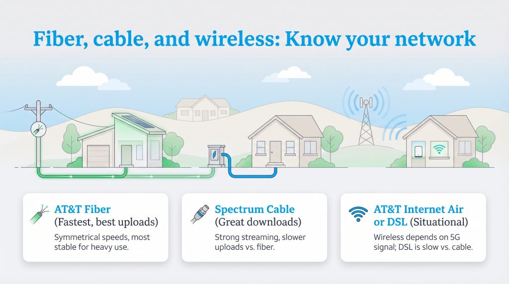 Infographic illustrating AT&T Fiber, Spectrum Cable, and AT&T Internet Air or DSL connections to homes.