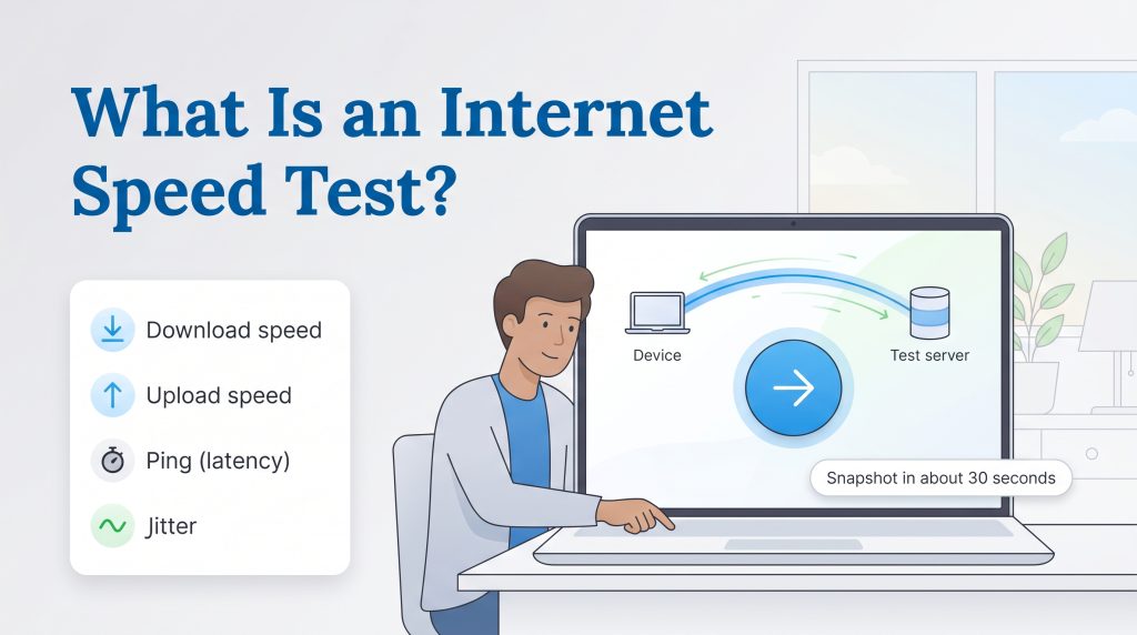 Illustration of an internet speed test measuring download, upload, ping, and jitter.
