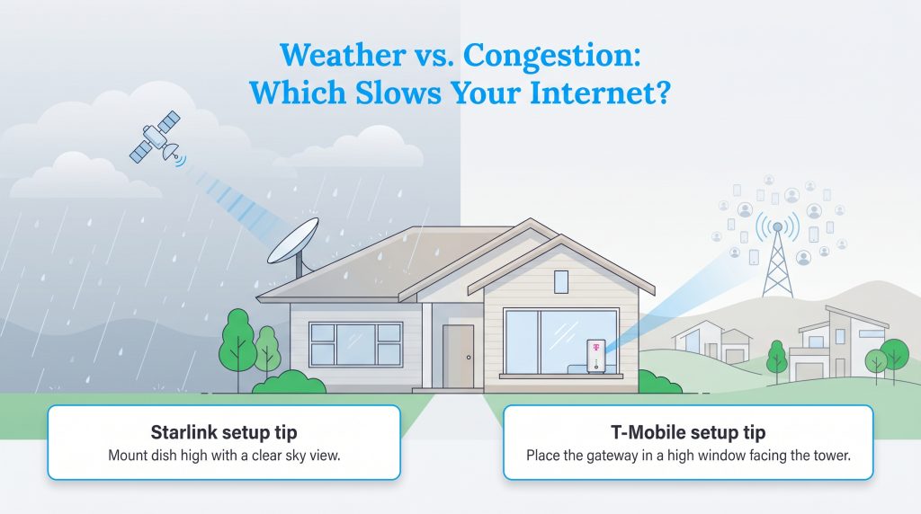 Infographic comparing Starlink's rain fade with T-Mobile's tower congestion, plus setup tips for each.