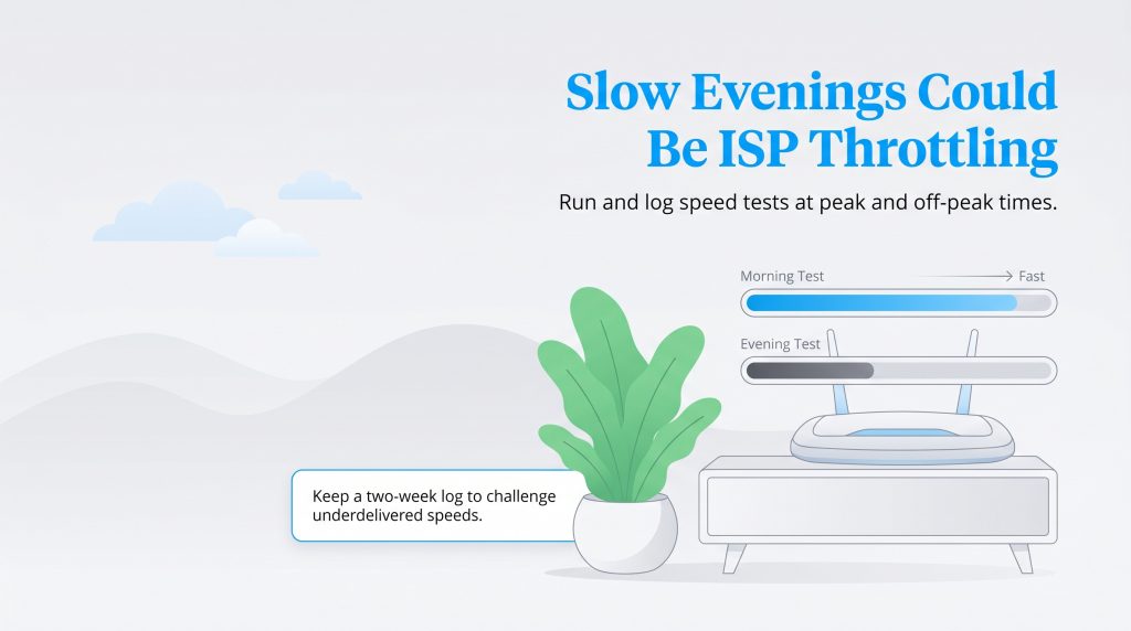 Graphic comparing fast morning internet speeds to slow evening speeds, suggesting ISP throttling.