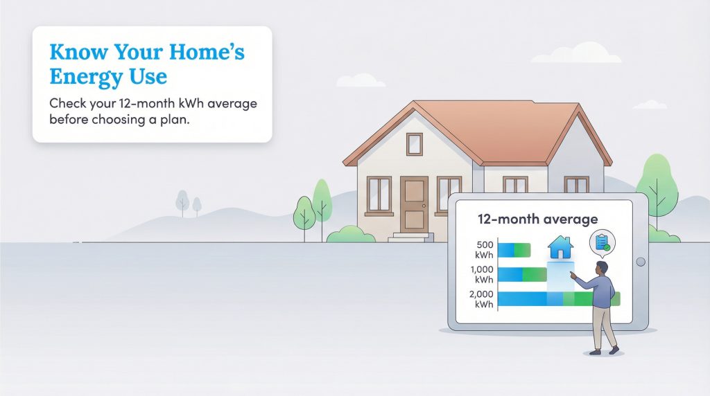 A person checks a tablet showing a 12-month average energy usage chart in front of a house.