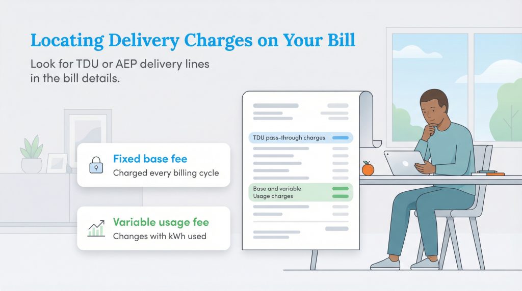 Illustration of a man viewing a bill, highlighting TDU charges, fixed fees, and variable usage fees.